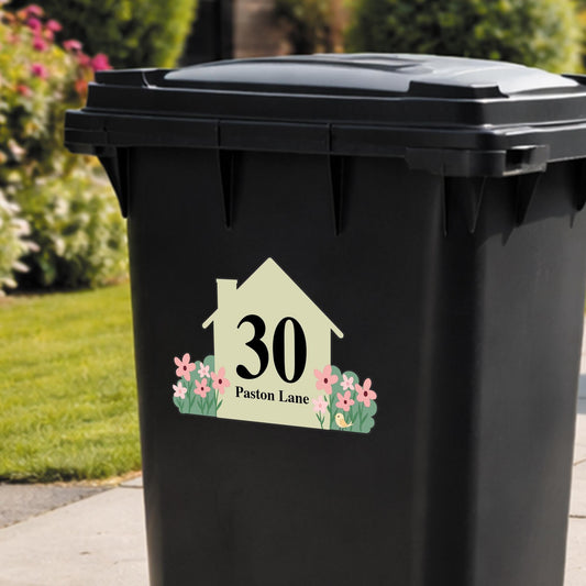Personalised Wheelie Bin Sticker | Custom House Number & Street Name Bin Decal | Floral House Address Sticker | Wheelie Bin Label