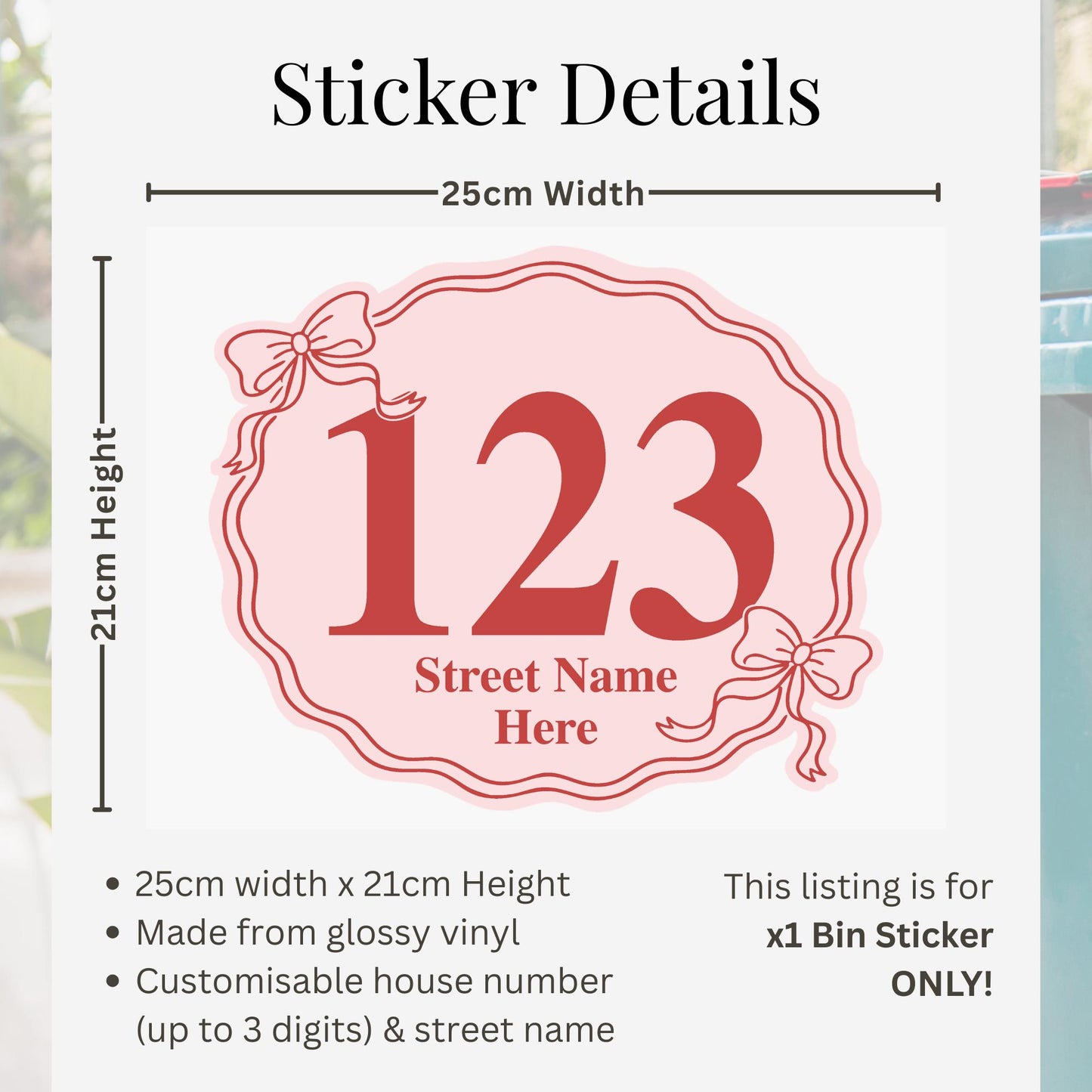 Personalised Wheelie Bin Sticker | Coquette Bow Bin Label | Cute Custom House Number Bin Decal | Custom Street Name Outdoor Bin Sticker