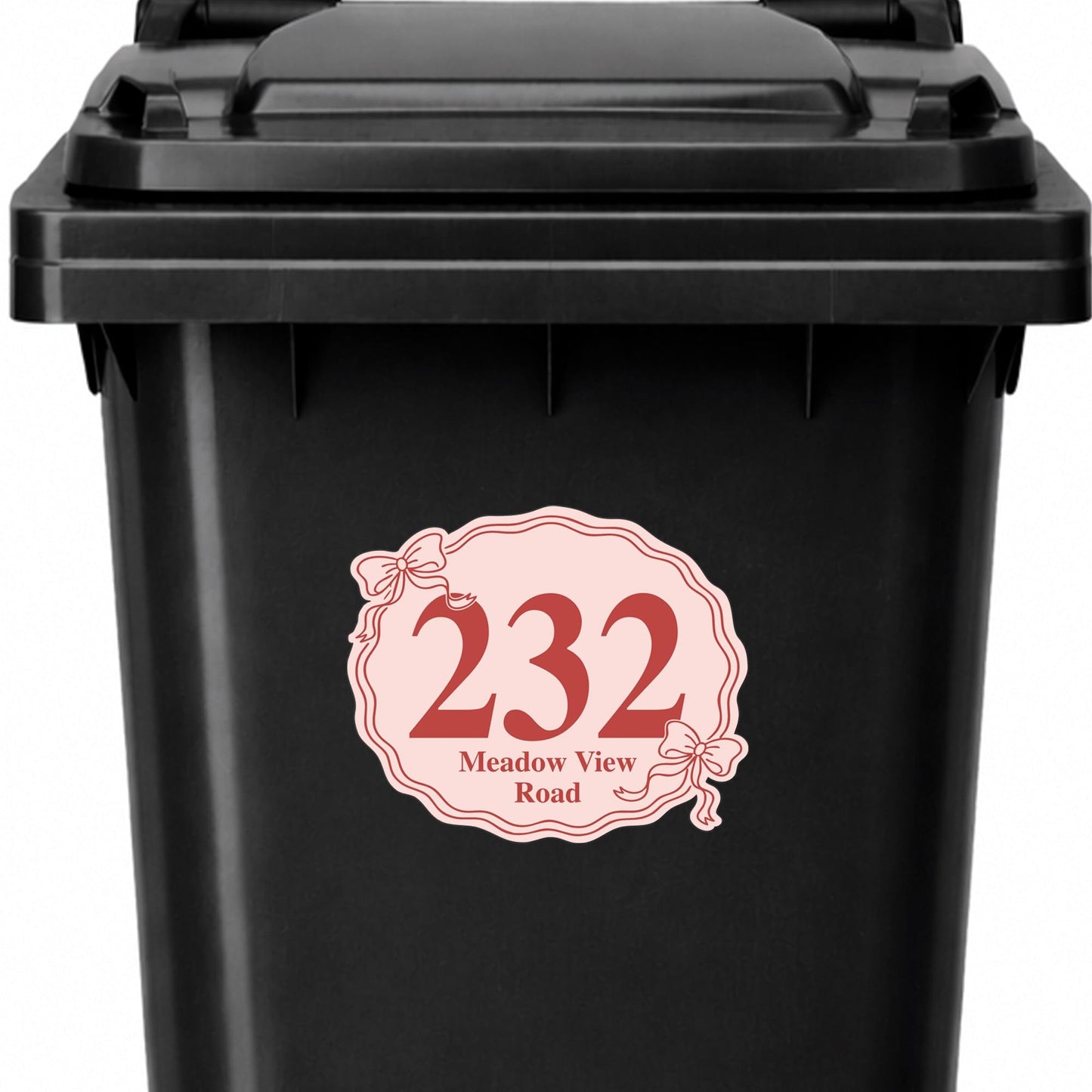 Personalised Wheelie Bin Sticker | Coquette Bow Bin Label | Cute Custom House Number Bin Decal | Custom Street Name Outdoor Bin Sticker