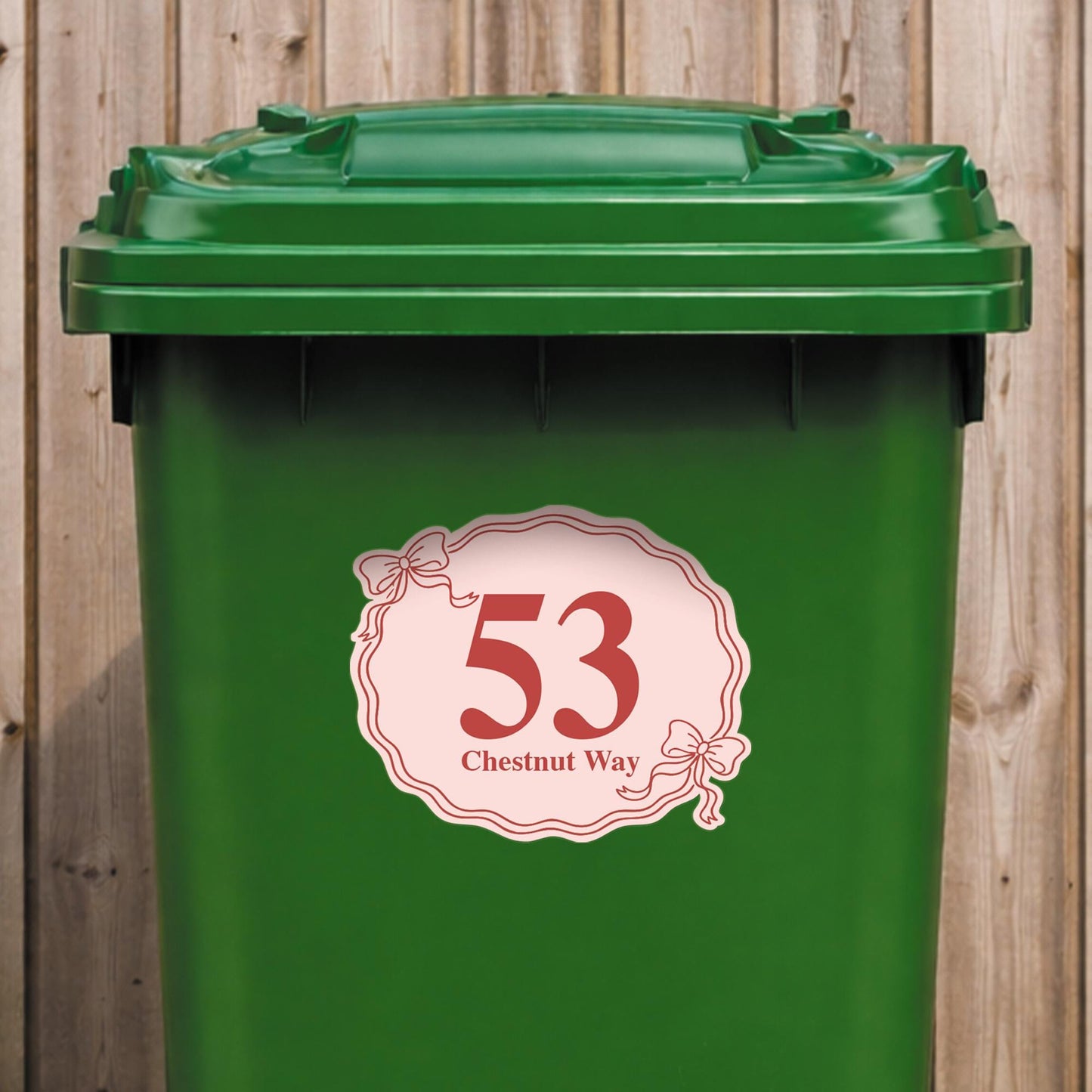 Personalised Wheelie Bin Sticker | Coquette Bow Bin Label | Cute Custom House Number Bin Decal | Custom Street Name Outdoor Bin Sticker
