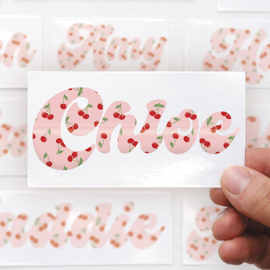 Personalised Cherry Name Sticker | Custom Vinyl Name Decal | Y2K Label for Water Bottles Laptops Phones