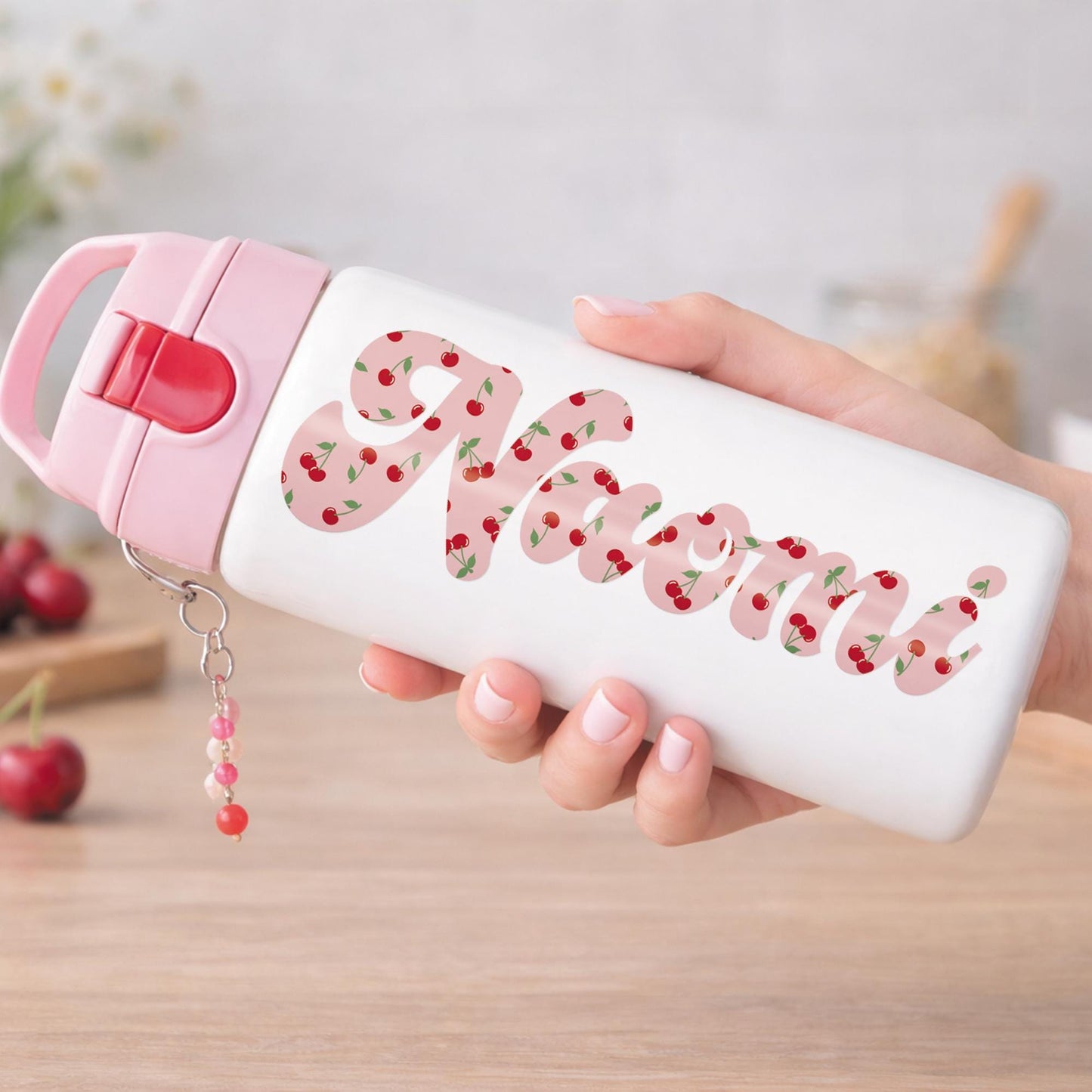 Personalised Cherry Name Sticker | Custom Vinyl Name Decal | Y2K Label for Water Bottles Laptops Phones