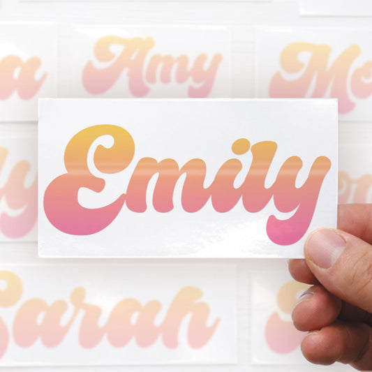Personalised Retro Script Name Sticker | Cursive Pink-Yellow Gradient Custom Vinyl Decal | Waterproof Label for Bottles Laptops & Tumblers