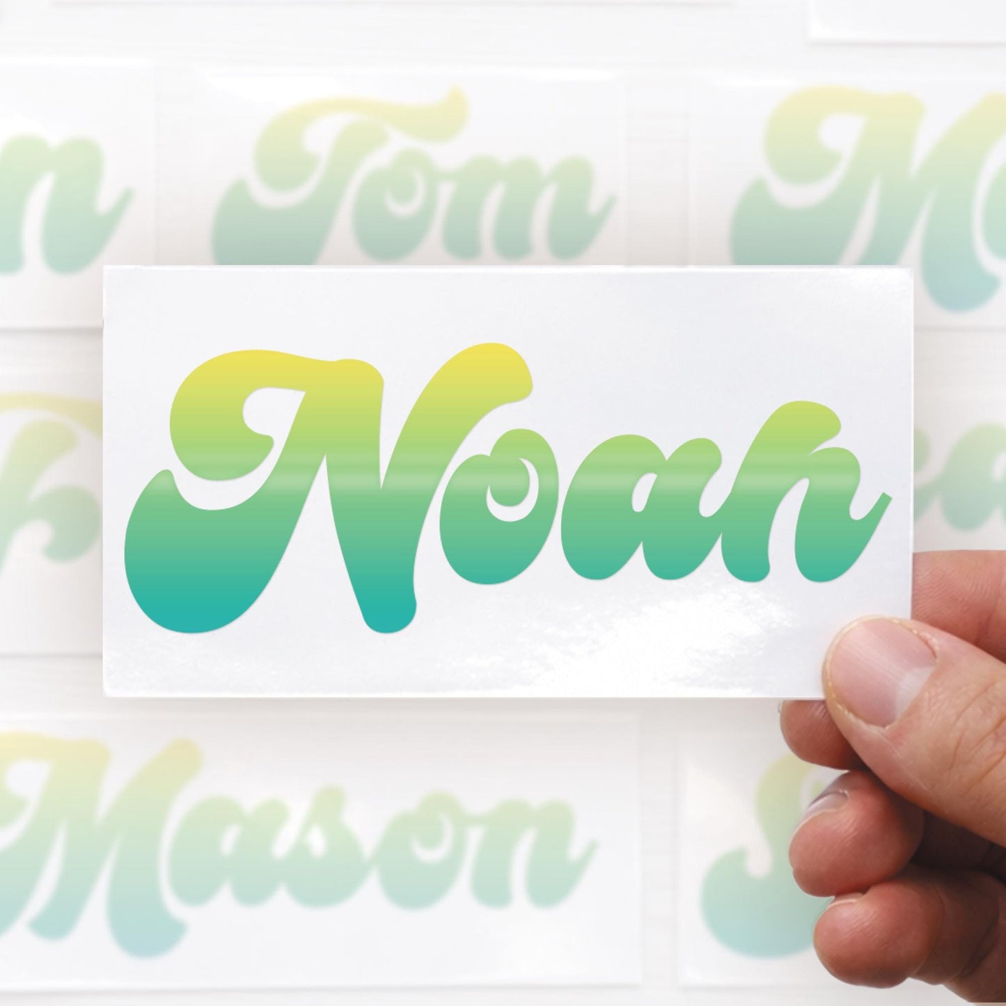 Personalised Name Sticker | Retro Script Blue-Yellow Gradient Custom Vinyl Decal | Cursive Waterproof Label for Bottles Laptops & Tumblers