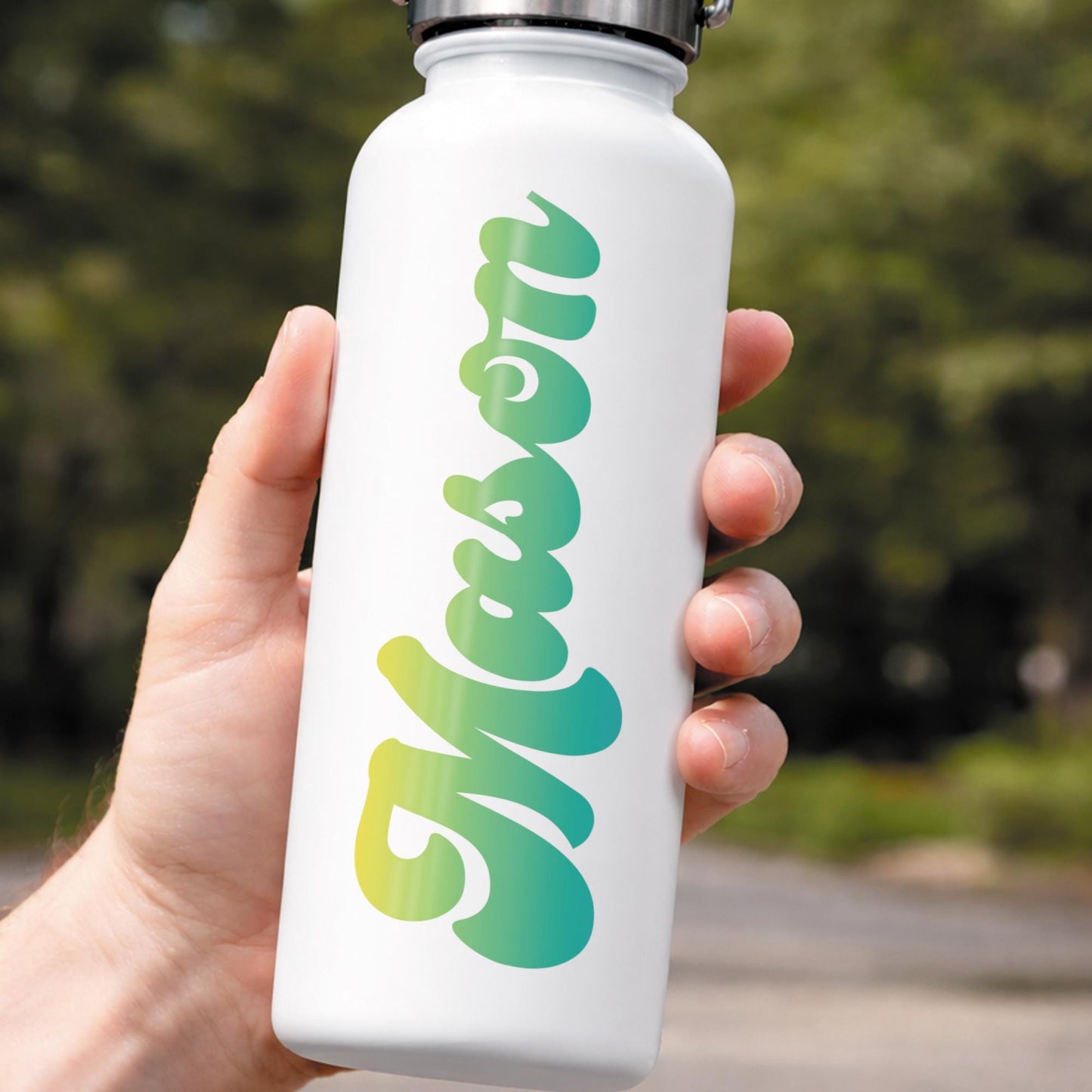 Personalised Name Sticker | Retro Script Blue-Yellow Gradient Custom Vinyl Decal | Cursive Waterproof Label for Bottles Laptops & Tumblers