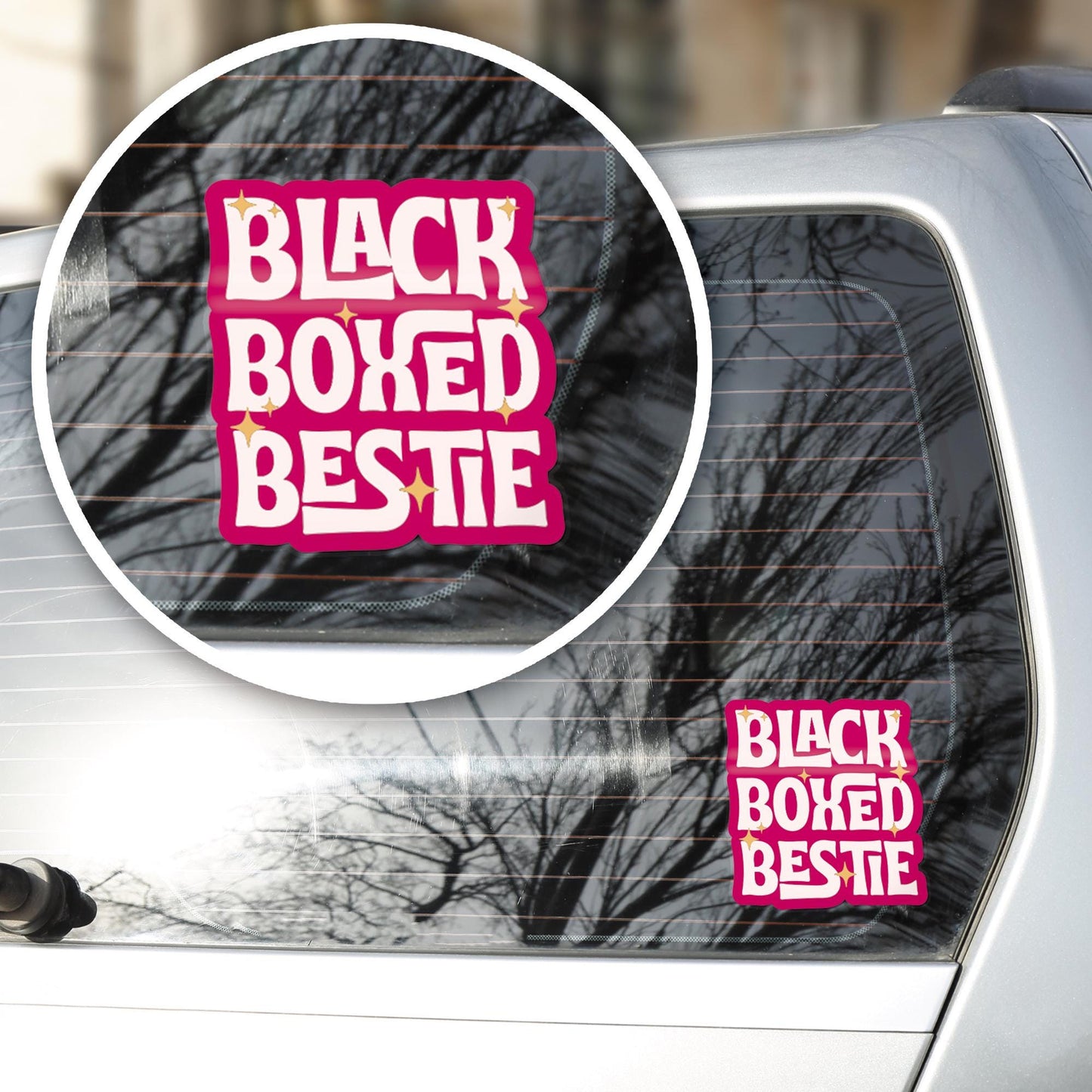 Funny Black Box Car Sticker - Black Boxed Bestie | Gen Z Car Sticker | Cute Pink Car Accessory | Girly Vinyl Decal | Driving Gift For Her
