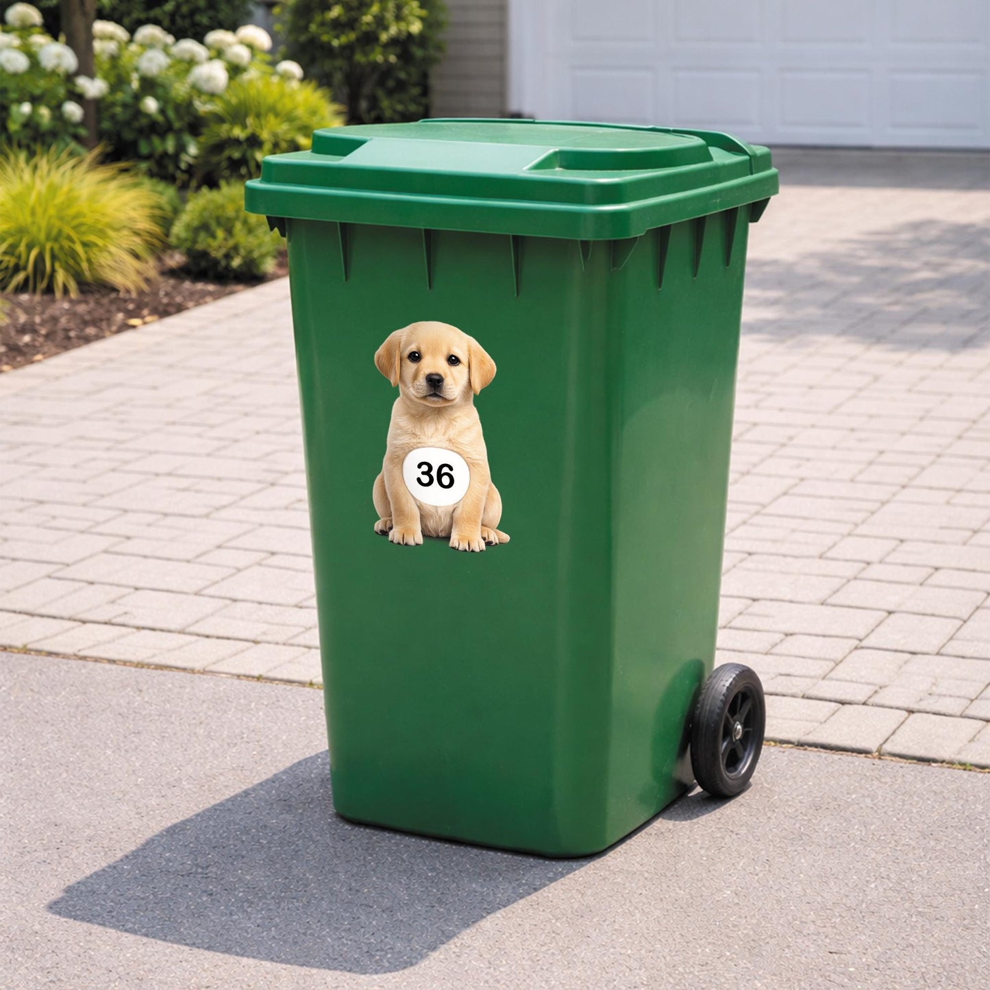 Personalised Wheelie Bin Sticker | Cute Labrador House Number Bin Decal | Dog Waterproof Vinyl Dustbin Label