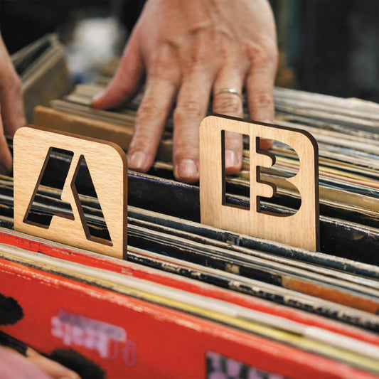 Vertical Vinyl Record Dividers for Crates | Wooden Alphabet LP Organisers | AZ Album Filing Tabs for Record Storage | Music Gift