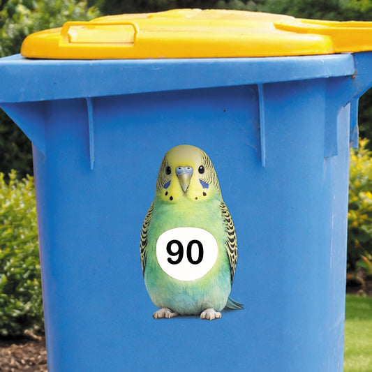 Personalised Wheelie Bin Sticker | Budgie House Number Decal | Waterproof Bird Outdoor Dustbin Label