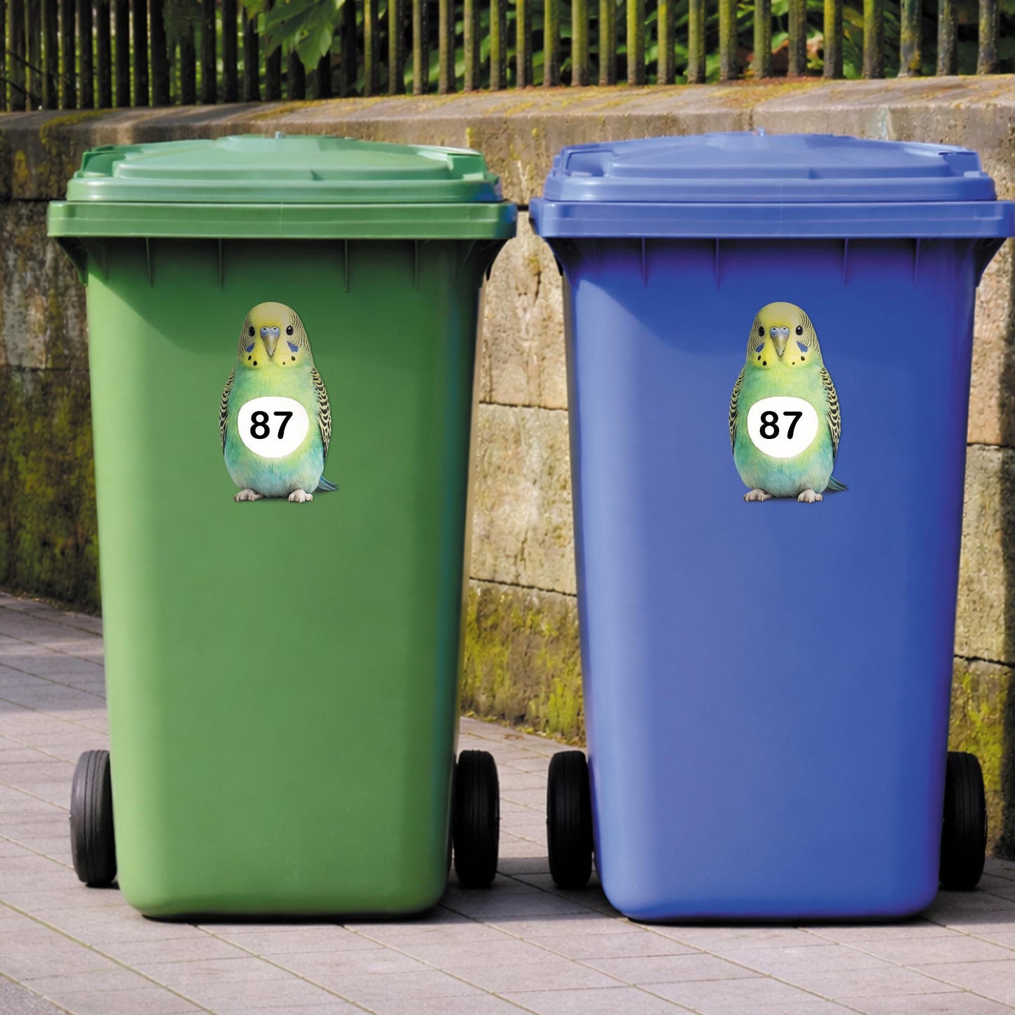 Personalised Wheelie Bin Sticker | Budgie House Number Decal | Waterproof Bird Outdoor Dustbin Label