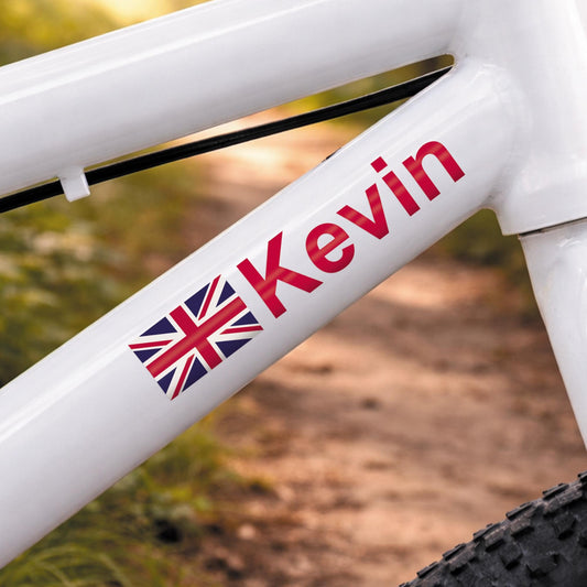 Personalised Bike Name Sticker with Union Jack Flag x2 Set | Custom Waterproof Bicycle Frame Decal | Gift for Cyclist