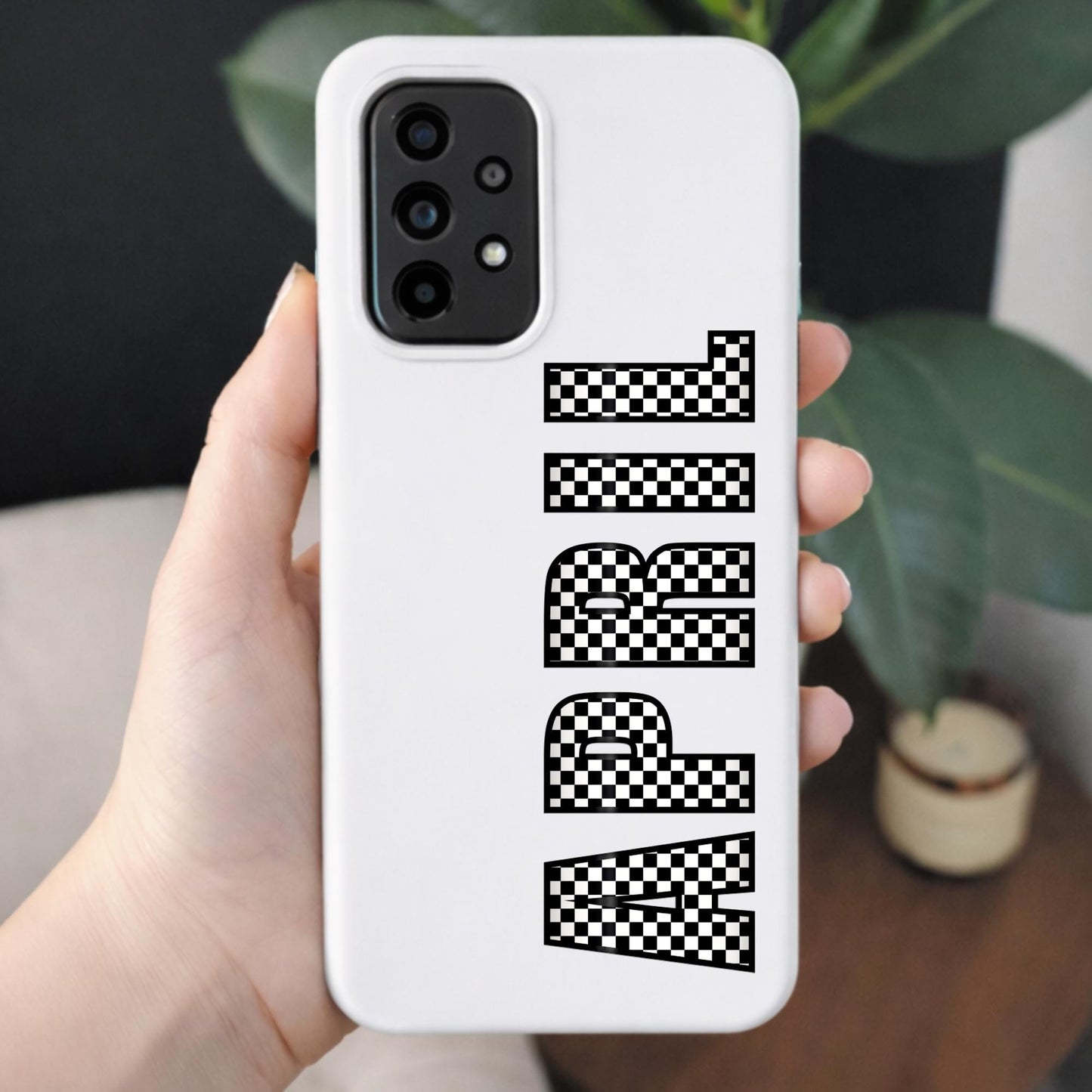 Personalised Name Sticker | Black & White Checkered Custom Vinyl | Alt Skater Aesthetic Waterproof Label for Bottle Lunchbox or Bike