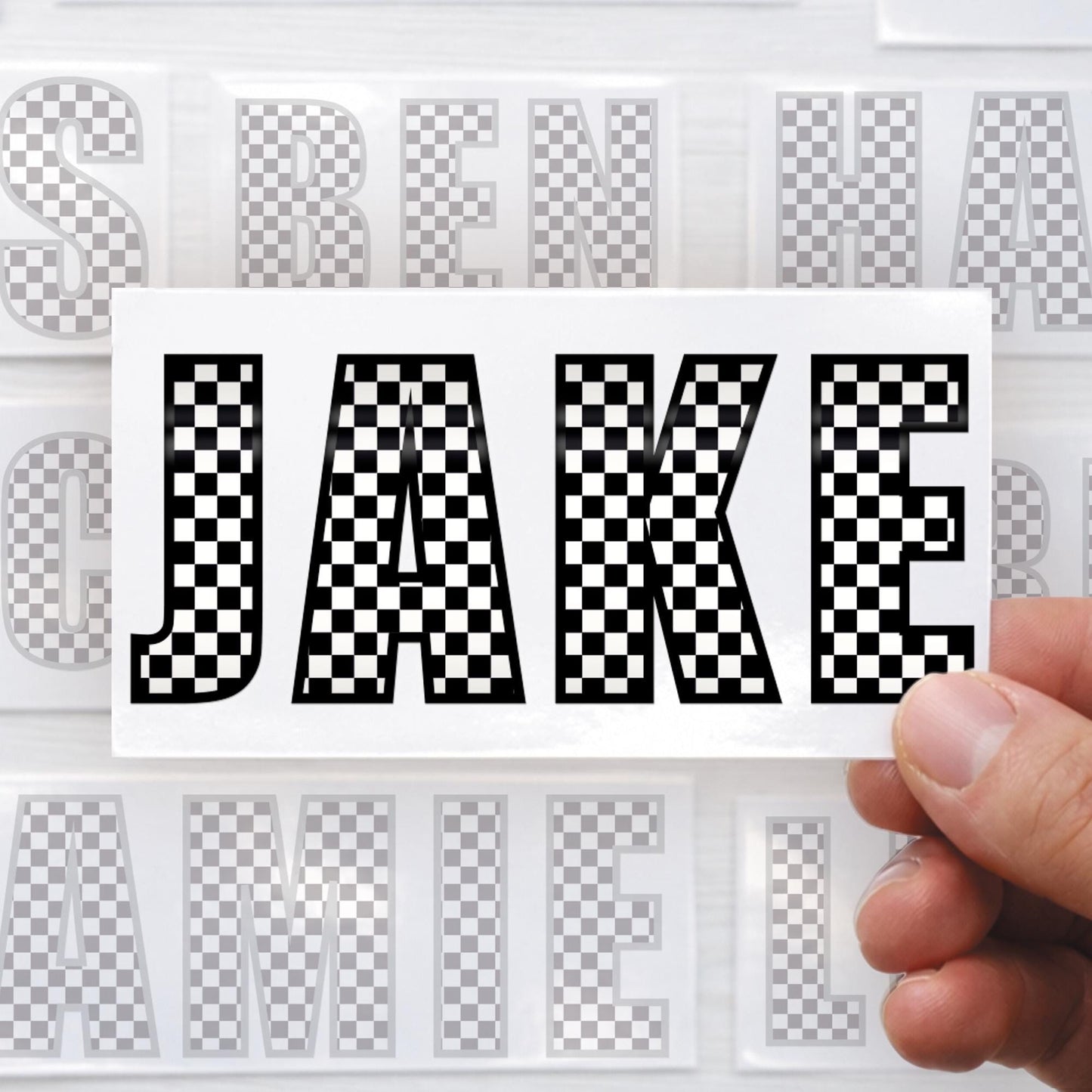 Personalised Name Sticker | Black & White Checkered Custom Vinyl | Alt Skater Aesthetic Waterproof Label for Bottle Lunchbox or Bike