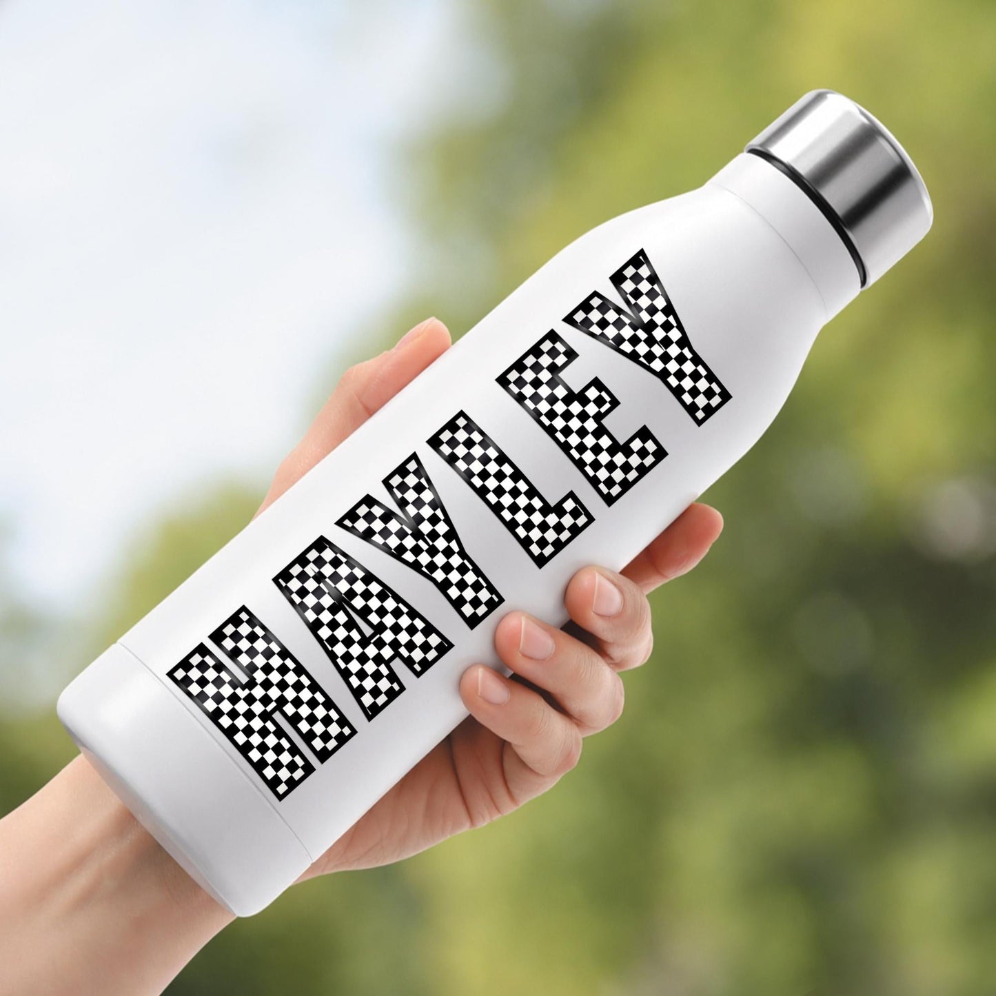 Personalised Name Sticker | Black & White Checkered Custom Vinyl | Alt Skater Aesthetic Waterproof Label for Bottle Lunchbox or Bike