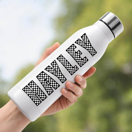 Personalised Name Sticker | Black & White Checkered Custom Vinyl | Alt Skater Aesthetic Waterproof Label for Bottle Lunchbox or Bike