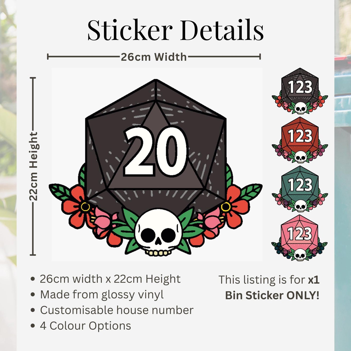 D20 Wheelie Bin Sticker Personalised House Number | Gamer Dice Bin Decal | Custom Wheelie Bin Label | Fantasy RPG House Number Sticker