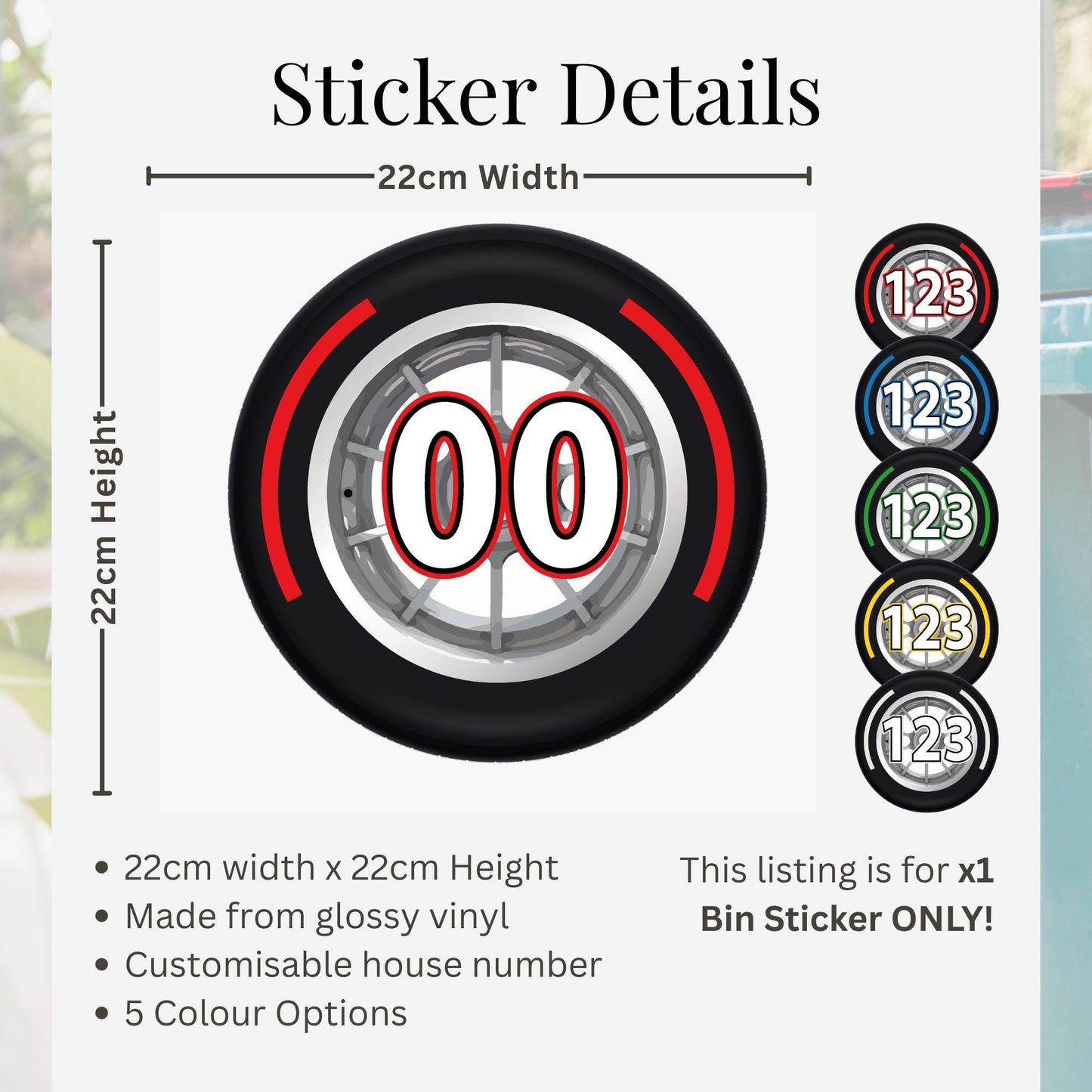 F1 Racing Tyre Wheelie Bin Number Sticker | Custom House Number Bin Decal | Formula 1 Wheel Bin Label | Personalised Wheelie Bin Sticker