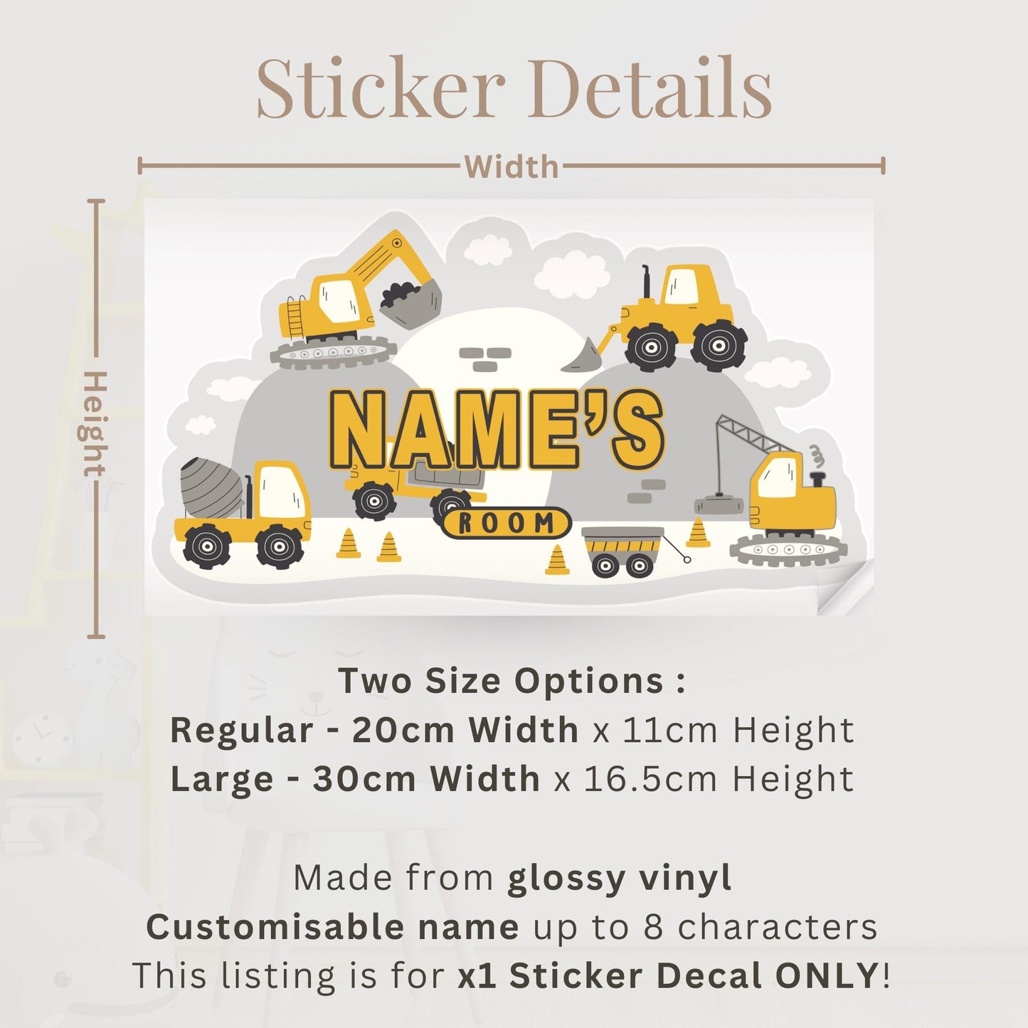 Personalised Construction Wall Sticker | Kids Builder Room Decal | Digger Truck Name Wall Art | Boys Bedroom Decor | Nursery Sign