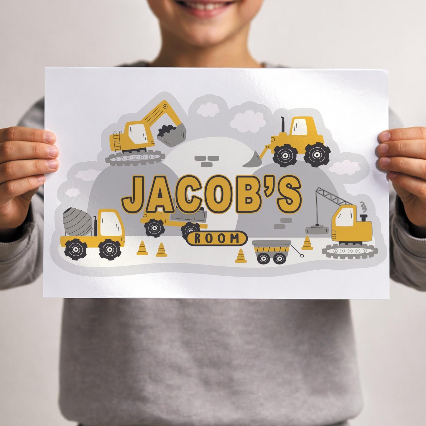 Personalised Construction Wall Sticker | Kids Builder Room Decal | Digger Truck Name Wall Art | Boys Bedroom Decor | Nursery Sign