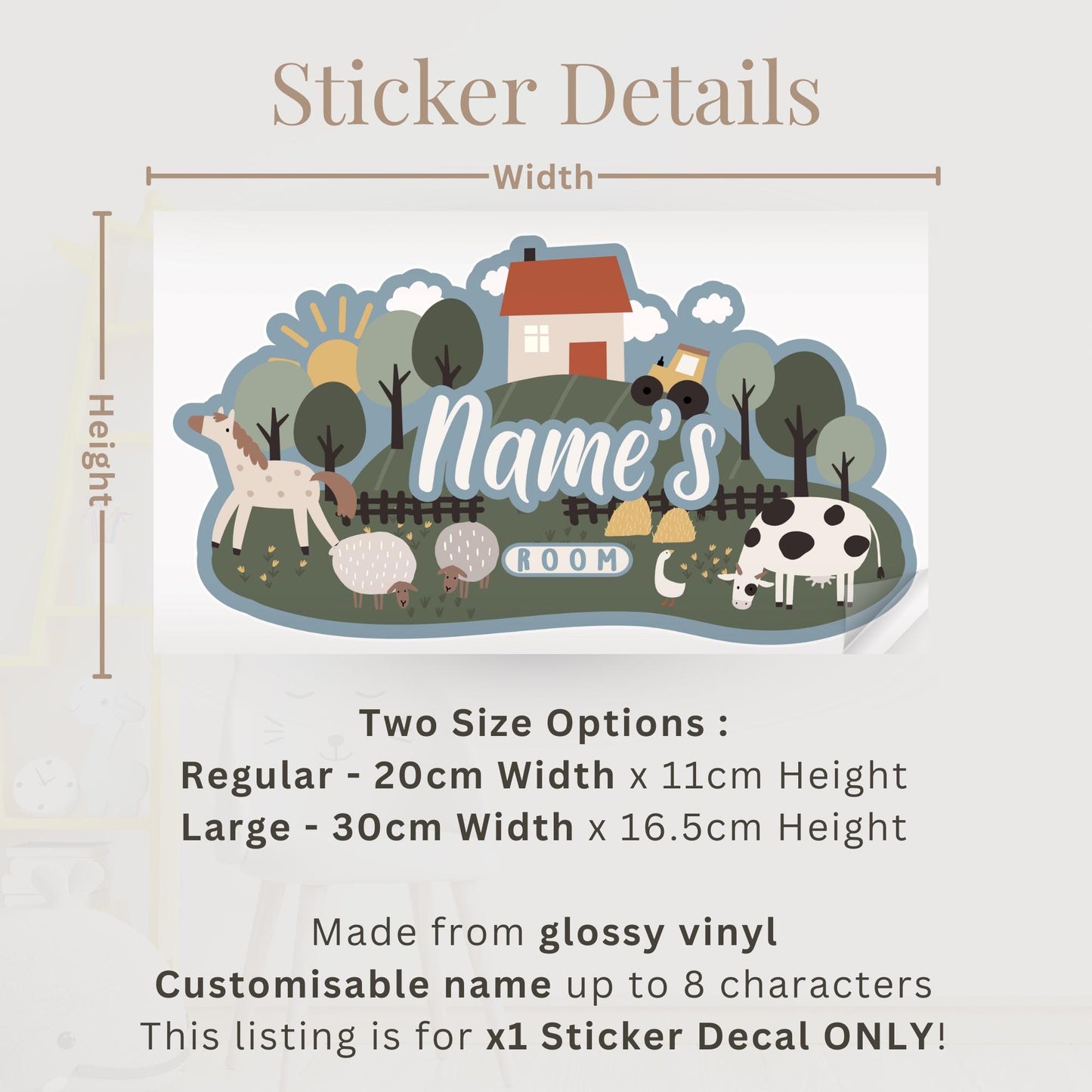 Personalised Farm Animal Wall Sticker | Kids Bedroom Name Decal, Nursery Farm Wall Art | Custom Name Room Sticker | Tractor Farm Decor
