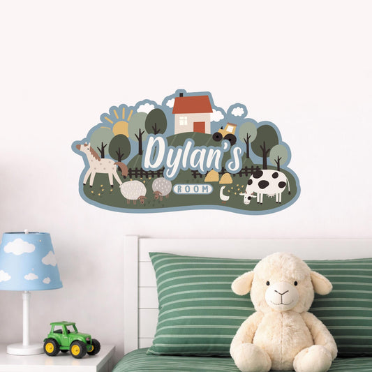 Personalised Farm Animal Wall Sticker | Kids Bedroom Name Decal, Nursery Farm Wall Art | Custom Name Room Sticker | Tractor Farm Decor