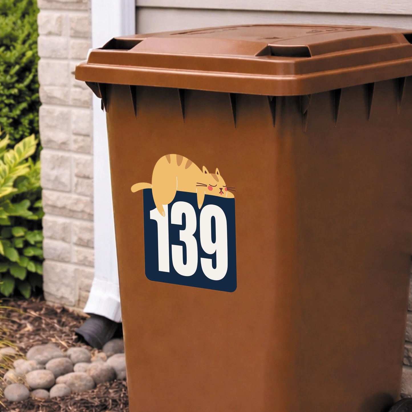 Personalised Wheelie Bin Sticker  Funny Sleeping Cat House Number Bin Decal  Cute Cat Sticker | Custom Bin Number