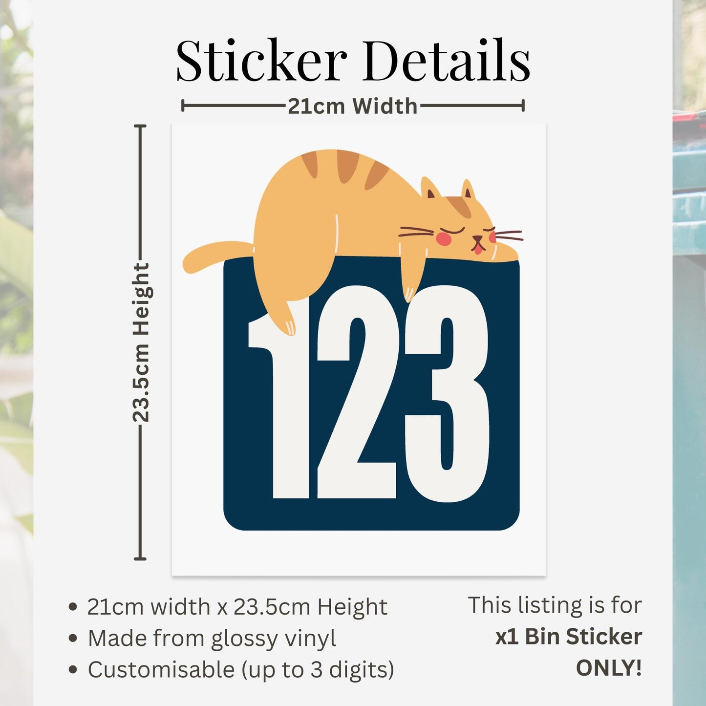 Personalised Wheelie Bin Sticker  Funny Sleeping Cat House Number Bin Decal  Cute Cat Sticker | Custom Bin Number