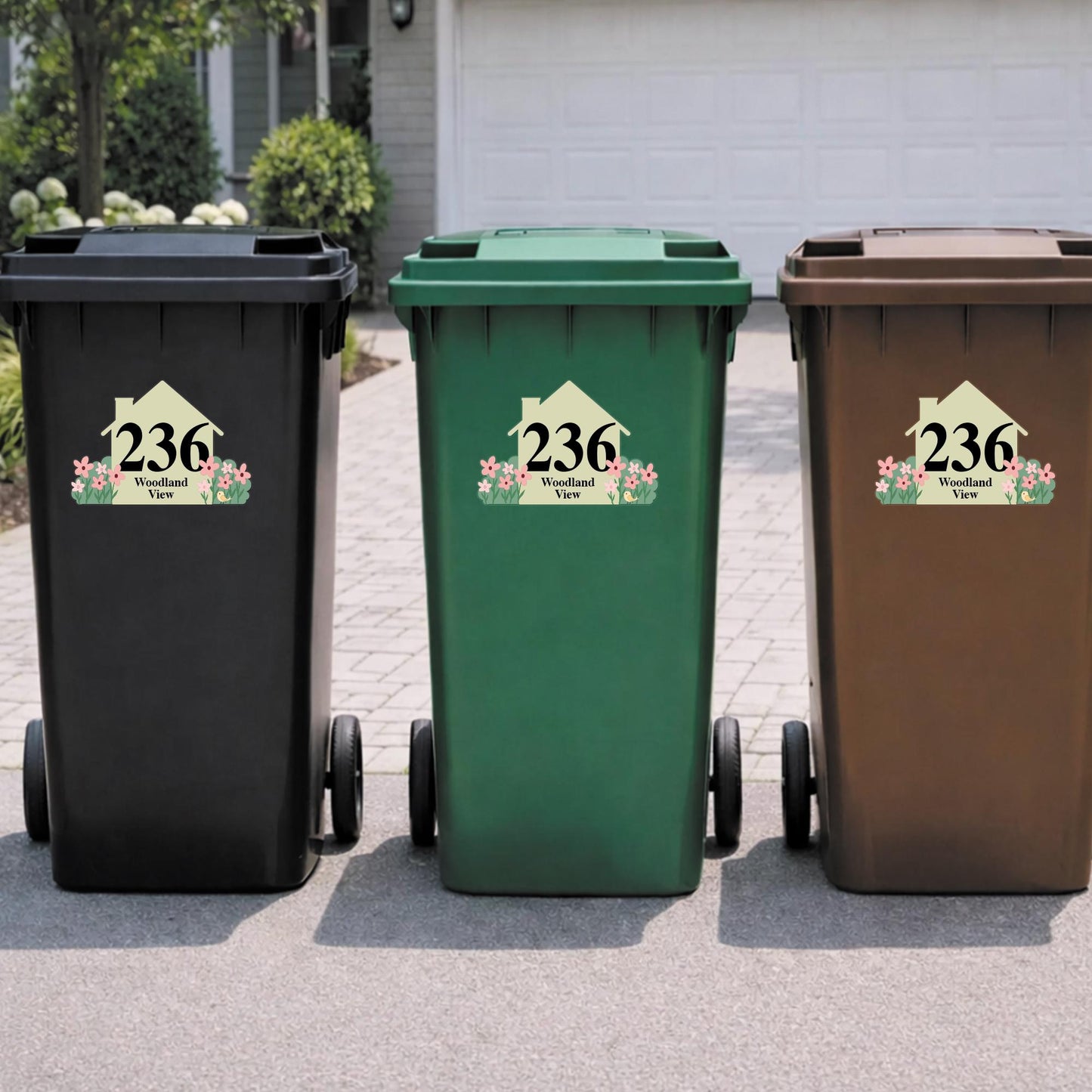 Personalised Wheelie Bin Sticker | Custom House Number & Street Name Bin Decal | Floral House Address Sticker | Wheelie Bin Label