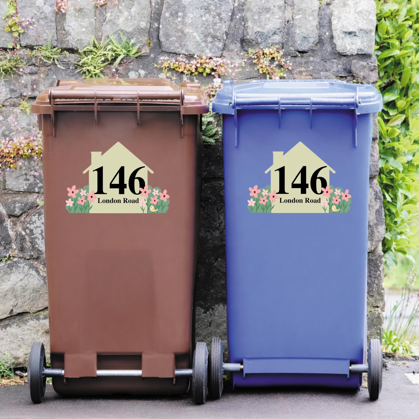 Personalised Wheelie Bin Sticker | Custom House Number & Street Name Bin Decal | Floral House Address Sticker | Wheelie Bin Label