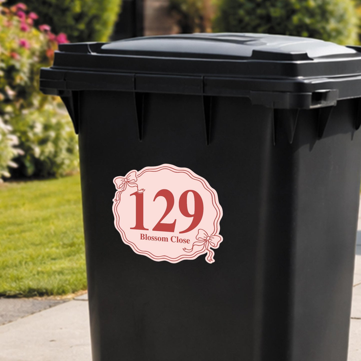 Personalised Wheelie Bin Sticker | Coquette Bow Bin Label | Cute Custom House Number Bin Decal | Custom Street Name Outdoor Bin Sticker