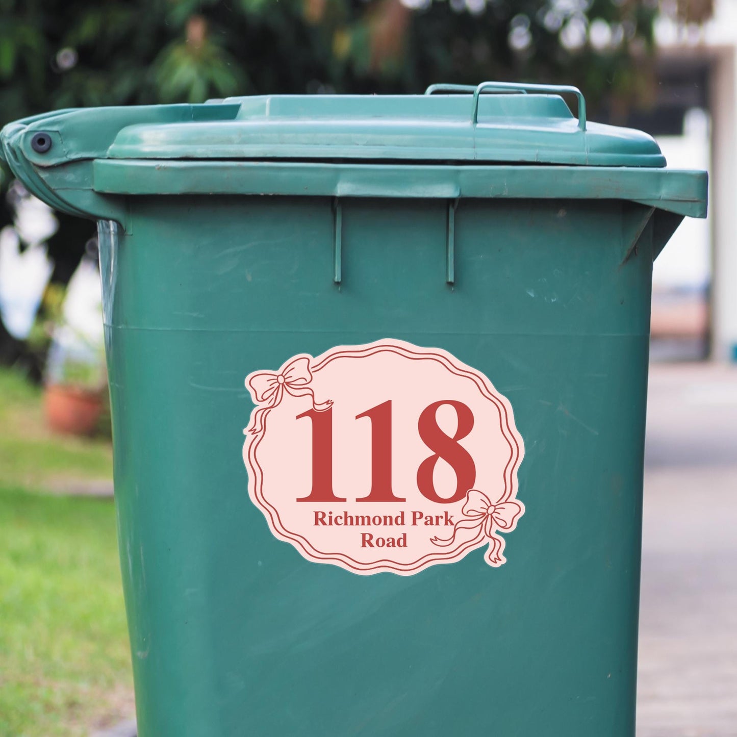 Personalised Wheelie Bin Sticker | Coquette Bow Bin Label | Cute Custom House Number Bin Decal | Custom Street Name Outdoor Bin Sticker