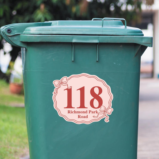 Personalised Wheelie Bin Sticker | Coquette Bow Bin Label | Cute Custom House Number Bin Decal | Custom Street Name Outdoor Bin Sticker
