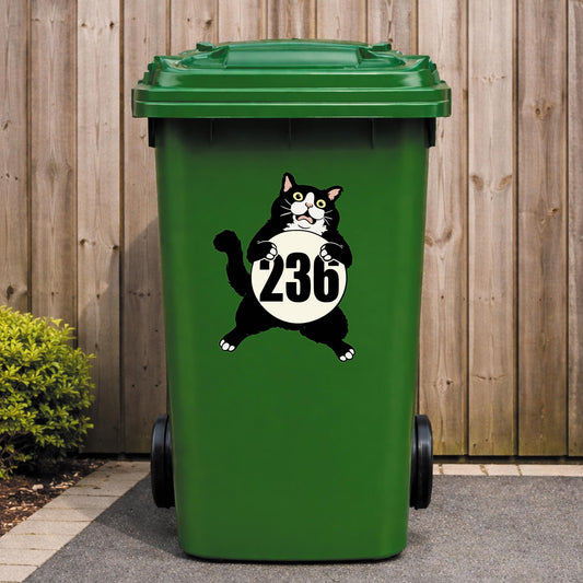 Funny Cat Wheelie Bin Number Sticker | Personalised House Number Bin Decal | Outdoor Vinyl Address Sticker | Cute Cat Bin Label