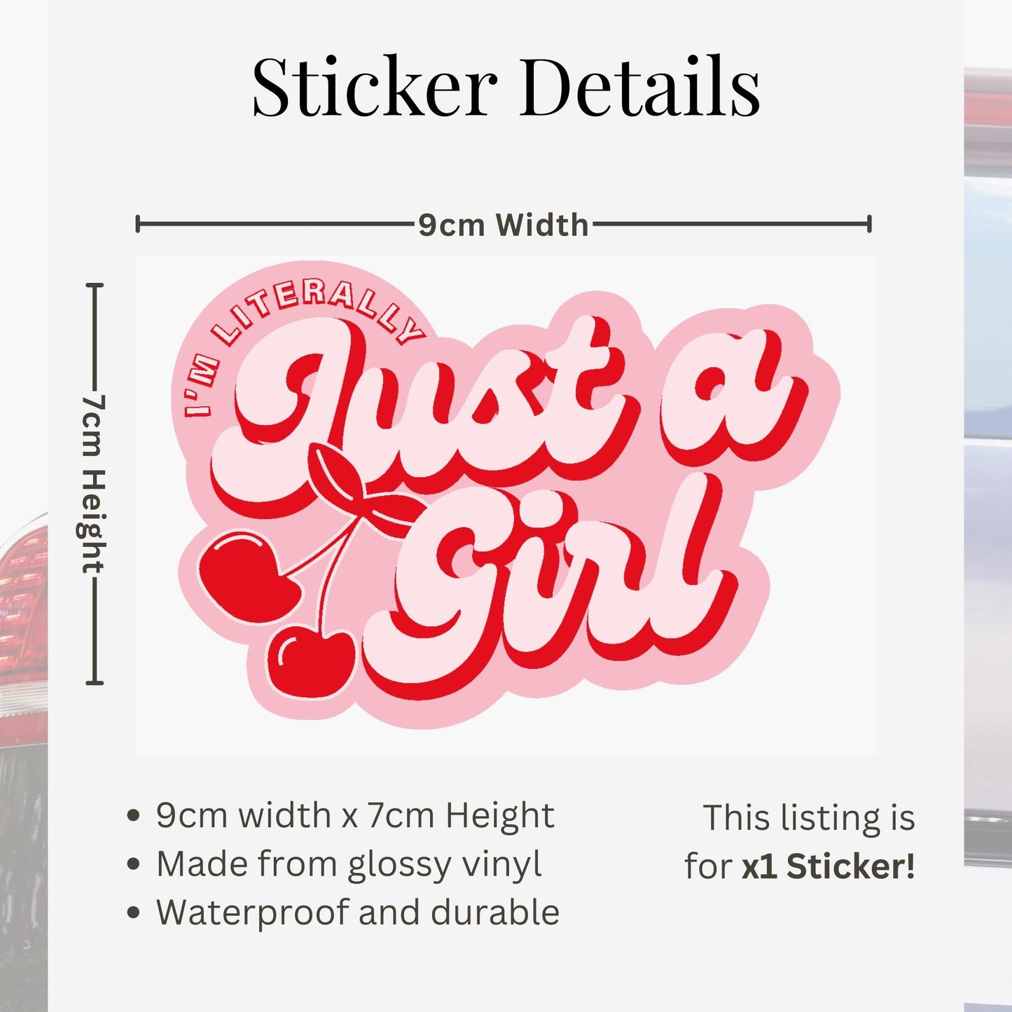 Just A Girl Car Sticker | Cherry Car Decal | Funny Bumper Sticker | Y2K Pink Vinyl Car Window Decal | Cute Girly Car Accessory For Her