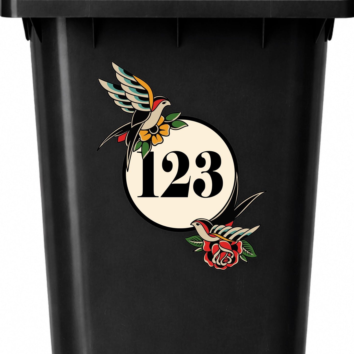 Traditional Tattoo Swallow Bin Sticker | Personalised House Number Wheelie Bin Decal | Old School Bird & Rose Waterproof Vinyl Sticker
