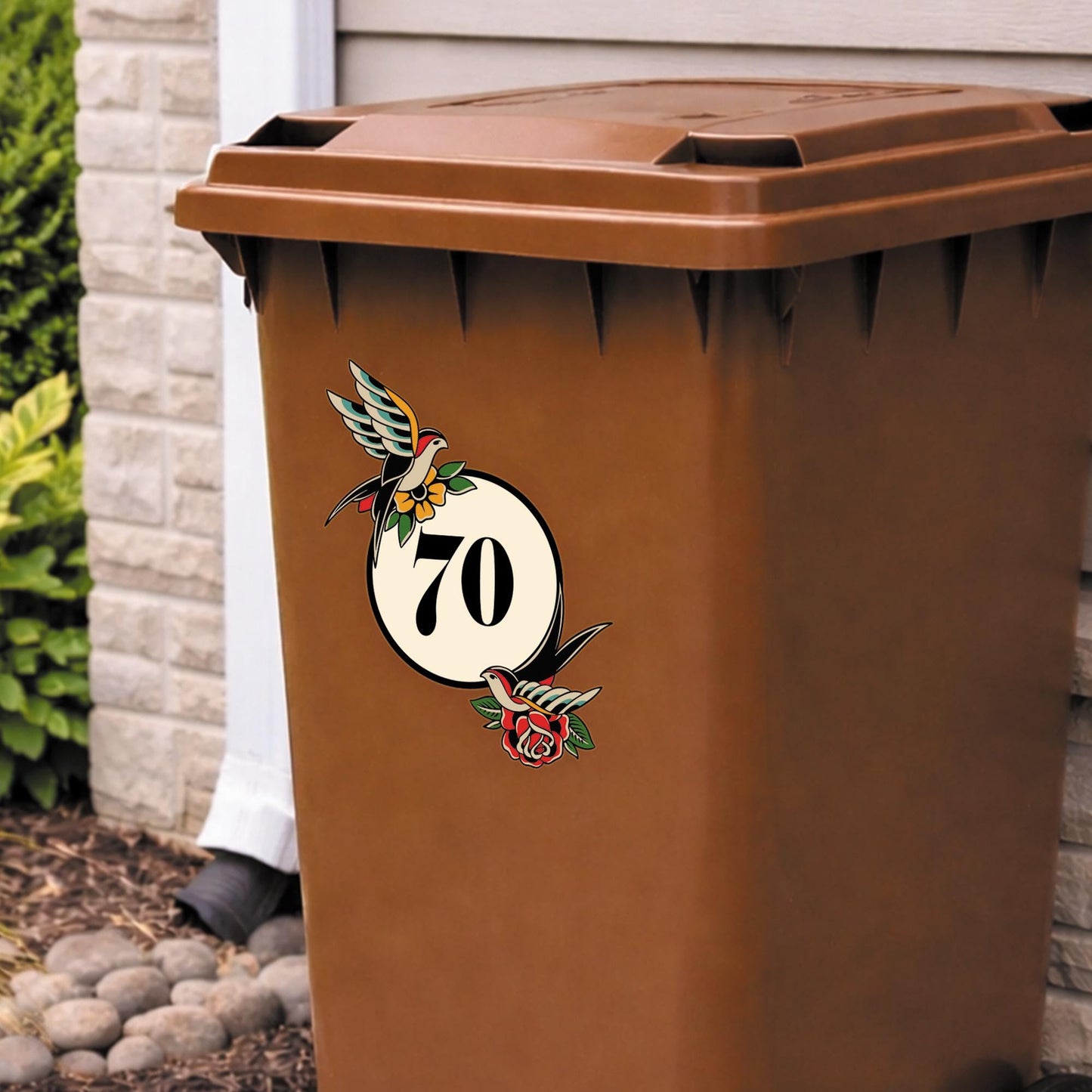 Traditional Tattoo Swallow Bin Sticker | Personalised House Number Wheelie Bin Decal | Old School Bird & Rose Waterproof Vinyl Sticker