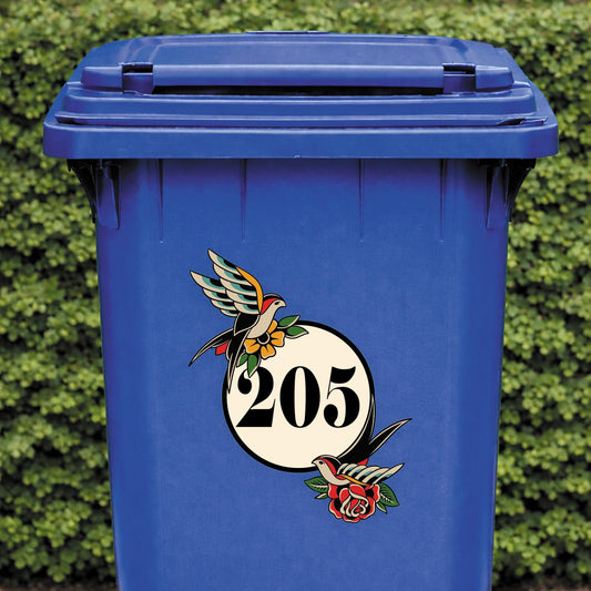 Traditional Tattoo Swallow Bin Sticker | Personalised House Number Wheelie Bin Decal | Old School Bird & Rose Waterproof Vinyl Sticker