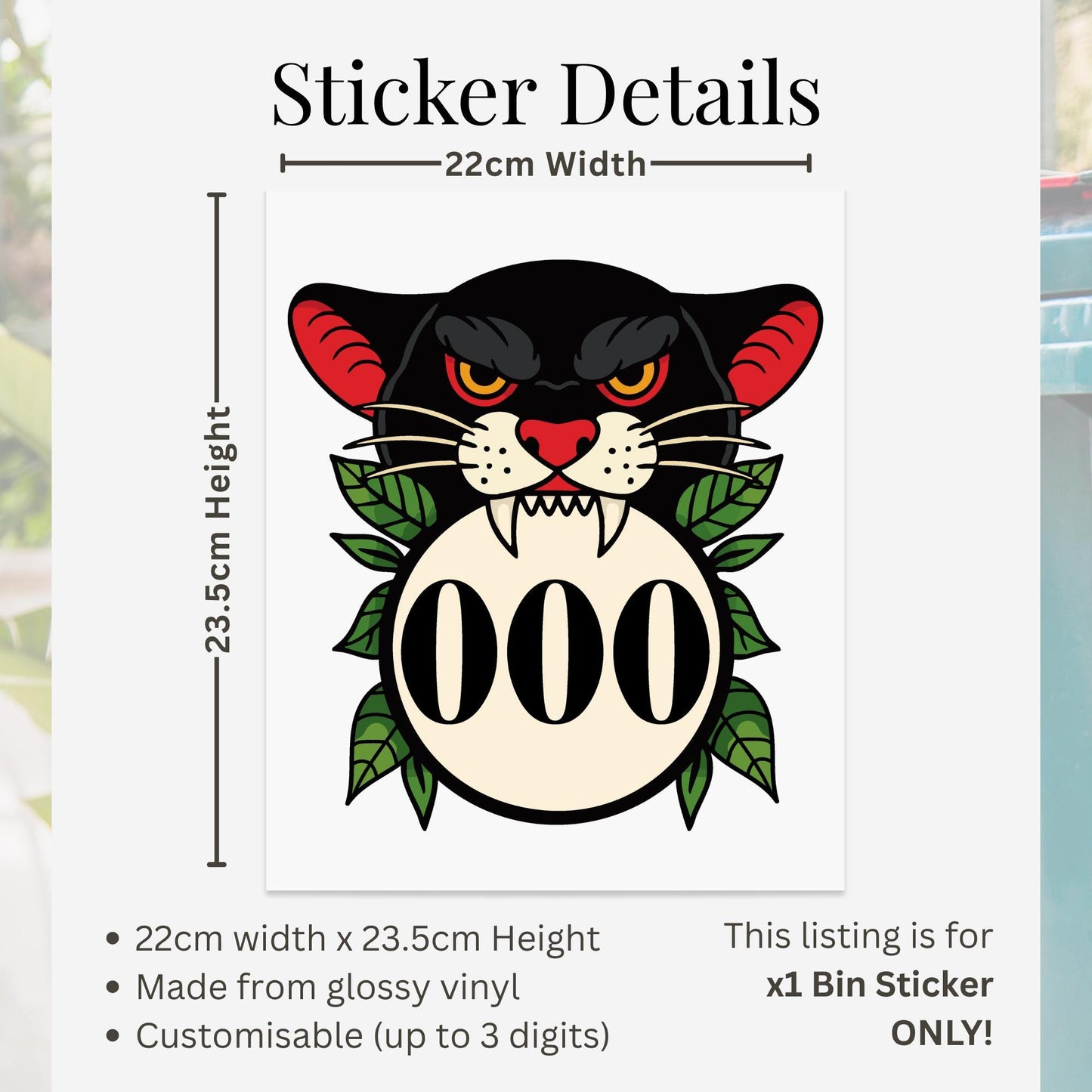 Traditional Tattoo Panther Bin Sticker | Personalised House Number Wheelie Bin Decal | Vintage Panther Head Outdoor Waterproof Bin Label
