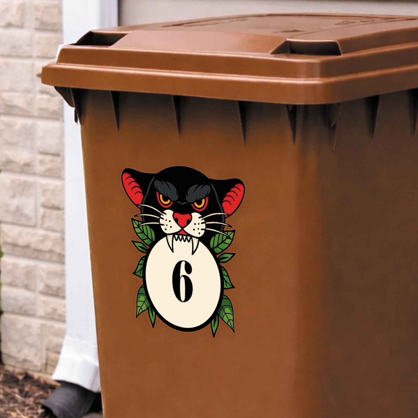 Traditional Tattoo Panther Bin Sticker | Personalised House Number Wheelie Bin Decal | Vintage Panther Head Outdoor Waterproof Bin Label