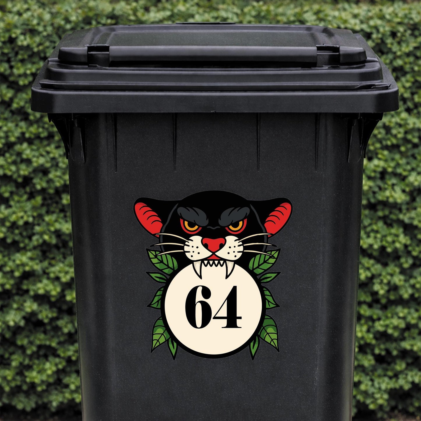 Traditional Tattoo Panther Bin Sticker | Personalised House Number Wheelie Bin Decal | Vintage Panther Head Outdoor Waterproof Bin Label