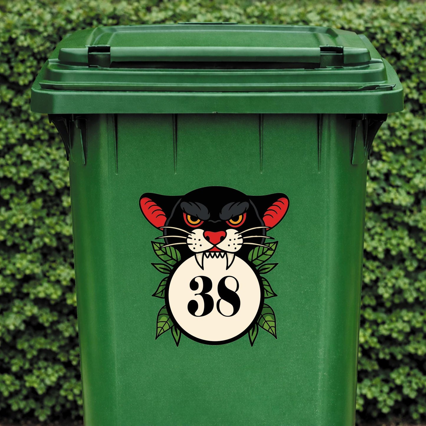 Traditional Tattoo Panther Bin Sticker | Personalised House Number Wheelie Bin Decal | Vintage Panther Head Outdoor Waterproof Bin Label
