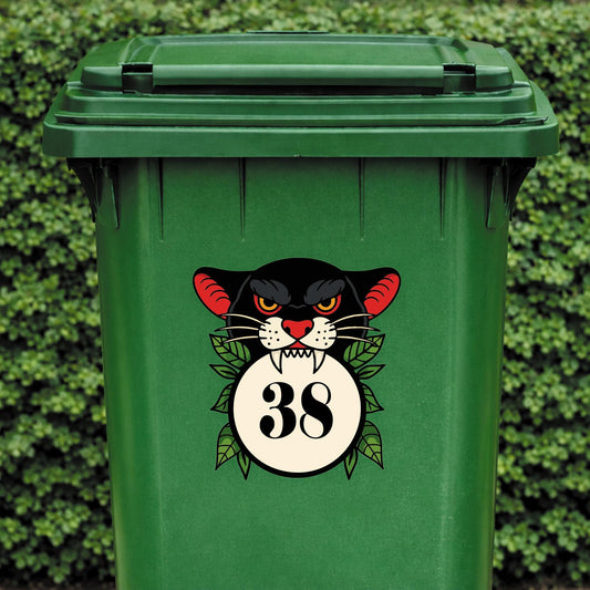 Traditional Tattoo Panther Bin Sticker | Personalised House Number Wheelie Bin Decal | Vintage Panther Head Outdoor Waterproof Bin Label