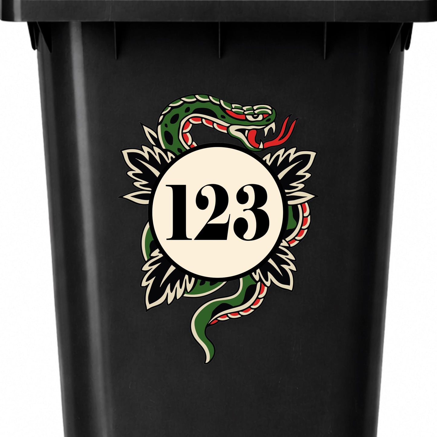 Traditional Tattoo Snake Bin Sticker | Personalised House Number Wheelie Bin Decal | Waterproof Tattoo Snake Bin Label | Alt Home Decor