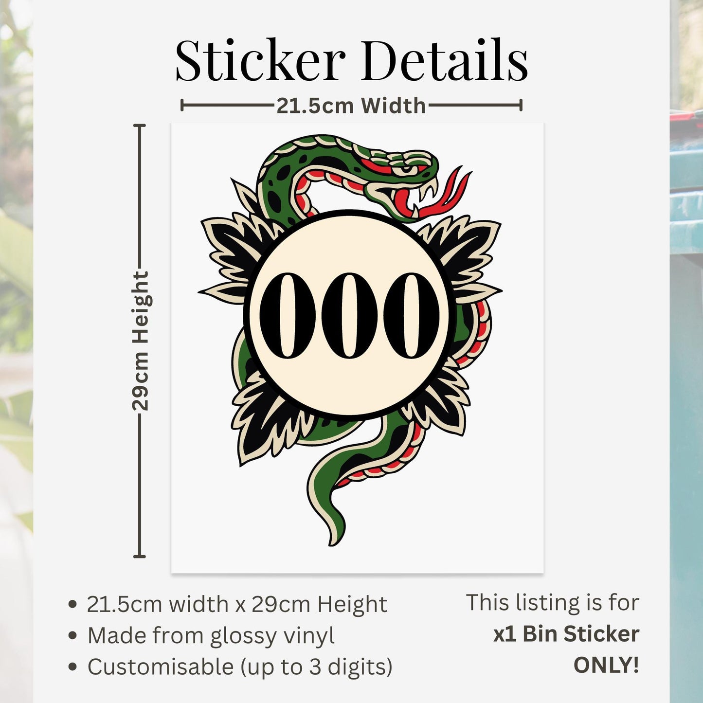 Traditional Tattoo Snake Bin Sticker | Personalised House Number Wheelie Bin Decal | Waterproof Tattoo Snake Bin Label | Alt Home Decor