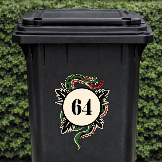 Traditional Tattoo Snake Bin Sticker | Personalised House Number Wheelie Bin Decal | Waterproof Tattoo Snake Bin Label | Alt Home Decor