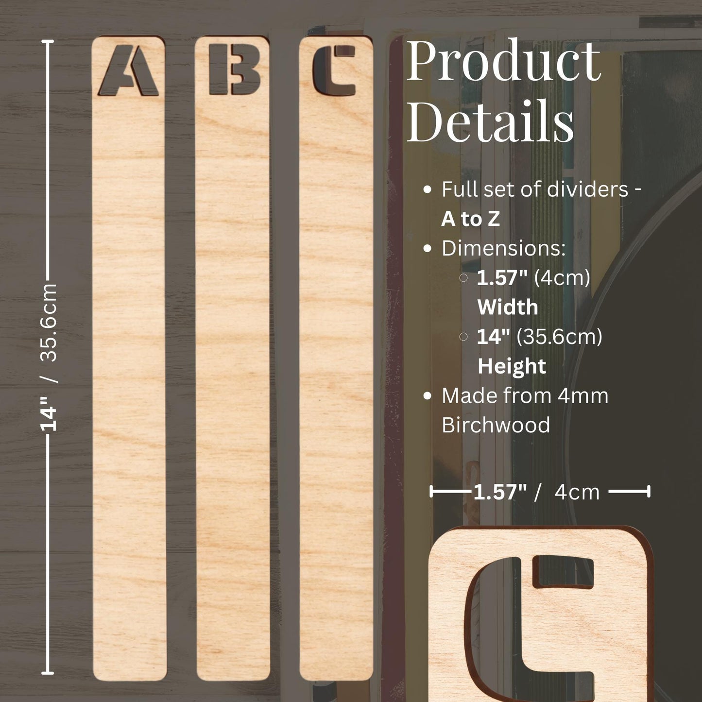 Vertical Vinyl Record Dividers for Crates | Wooden Alphabet LP Organisers | AZ Album Filing Tabs for Record Storage | Music Gift