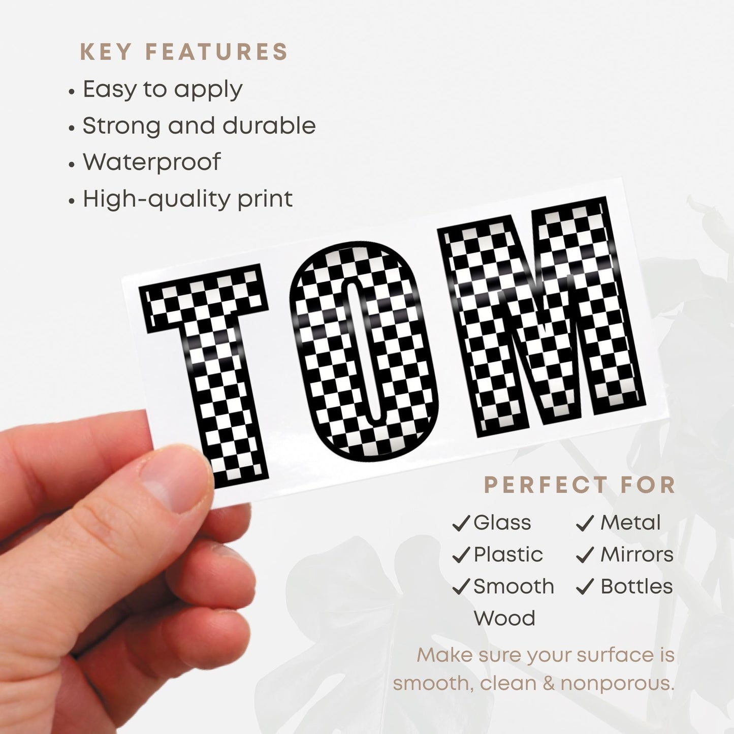 Personalised Name Sticker | Black & White Checkered Custom Vinyl | Alt Skater Aesthetic Waterproof Label for Bottle Lunchbox or Bike