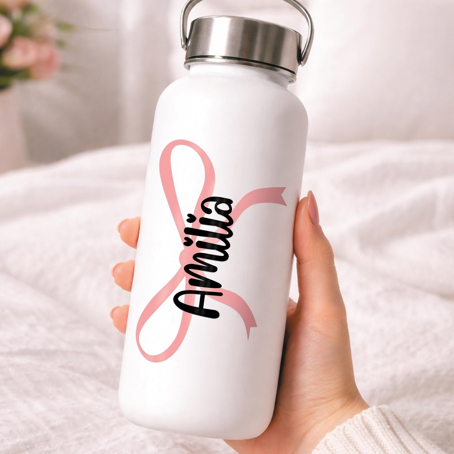 Personalised Bow & Name Sticker | Custom Name Vinyl Decal | Cute Coquette Pink Bow Sticker | Bottle Laptop  Phone Case | Girly Name Sticker