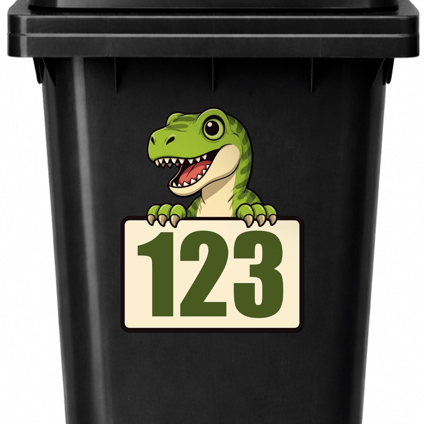 Personalised Dinosaur Wheelie Bin Sticker | Custom House Number Bin Decal | Waterproof Cartoon T-Rex Triceratops Velociraptor Bin Label