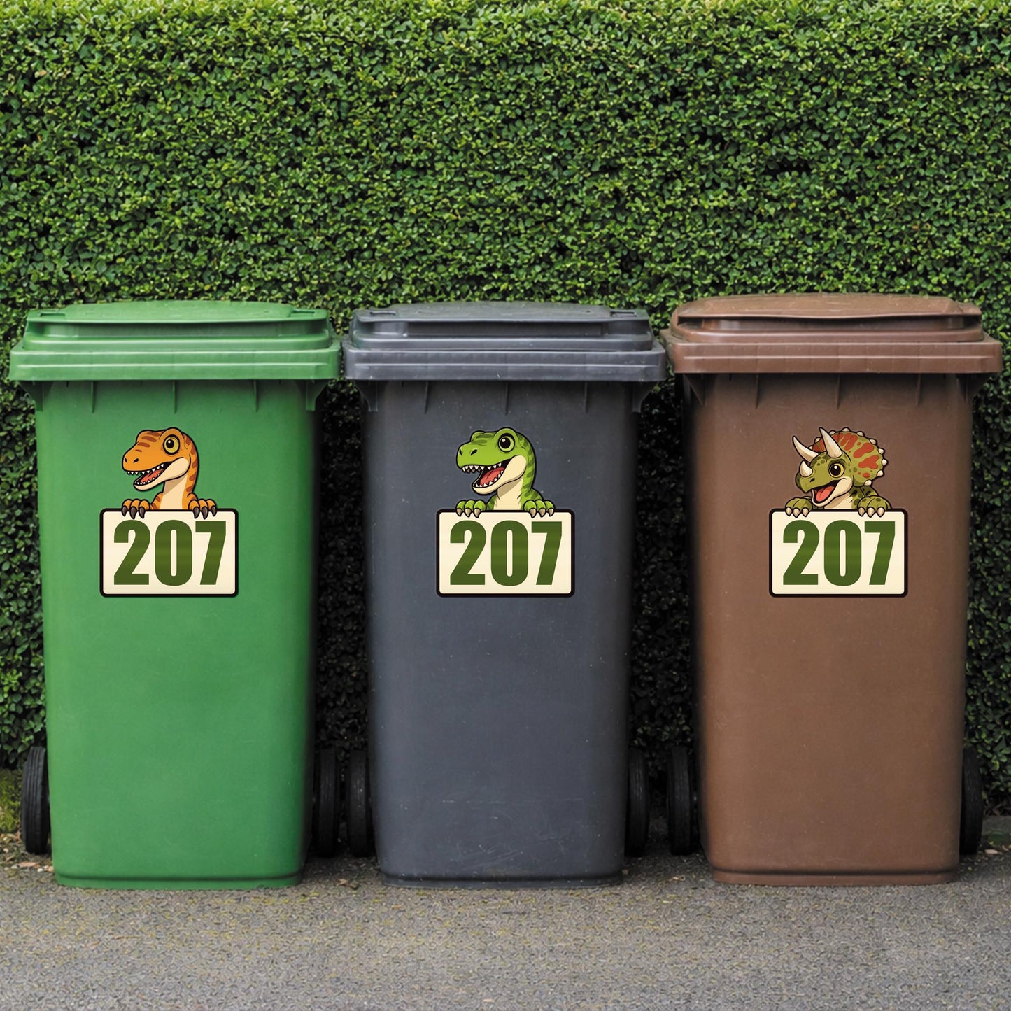Personalised Dinosaur Wheelie Bin Sticker | Custom House Number Bin Decal | Waterproof Cartoon T-Rex Triceratops Velociraptor Bin Label